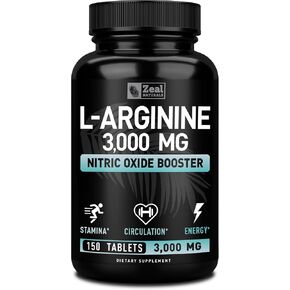 Zeal Naturals L Arginine 3000mg Capsules (150 Tablets | 1000mg) Maximum Dose L-Arginine Nitric Oxide Supplement for Supporting Muscle Growth, Vascular Function and Energy - Nitric Oxide Booster