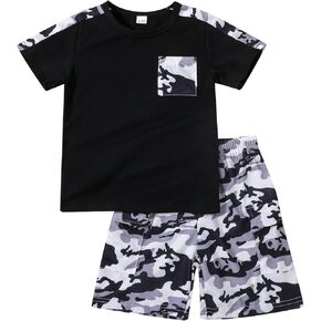 Kid Young Boy Clothes Colorblock Top + Drawstring Waist Shorts 2 Pieces Summer Outfits Set
