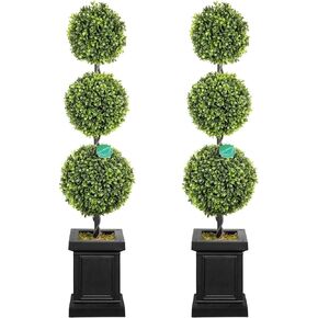 3.5ft Boxwood Outdoor Topiary Set of 2, Tall All Year Green Fake Plant Topiary Trees Artificial Outdoor Porch Trees with Sturdy Pot for Outdoor Indoor (Ball