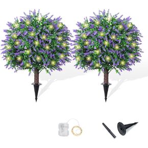 2 Pack 17.3 Artificial Lavender Topiary Trees with LED Lights Battery Operated - Realistic UV Resistant Faux Greenery, with Ground Spike Decor for Outdoor Garden, Patio, Porch, and Indoor Use