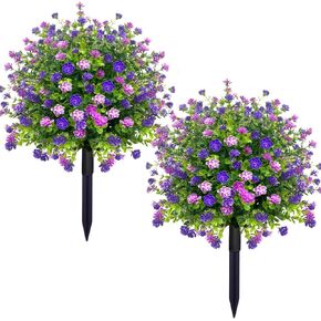 2 Pack Artificial Boxwood Topiary Ball Trees with Ground Spikes 23",UV Resistant Fake Shrubs for Outdoors,Realistic Faux Plants Bushes for Garden Porch Yard Patio Decor