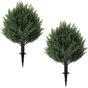 24" Artificial Cypress Topiary Tree with Ground Spike, Fake Shrubs UV Resistant Artificial Cedar Bushes, Set of 2 Faux Plants for Indoor Outdoor Front Porch Garden