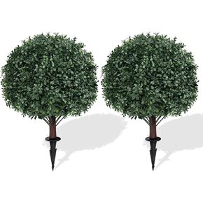 16 Inches Artificial Cedar Topiary Ball Trees with Ground Spike, 2 Pack UV Resistant Artificial Shrubs, Fake Evergreen Artificial Plant Brush for Indoor Outdoor Front Porch Garden