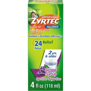 Zyrtec Children's 24 Hour Allergy Relief Syrup, 5 mg Cetirizine Hydrochloride Antihistamine, Kids Allergy Medicine for Indoor & Outdoor Allergy Relief, Dye- & Sugar-Free, Grape, 8 fl. oz