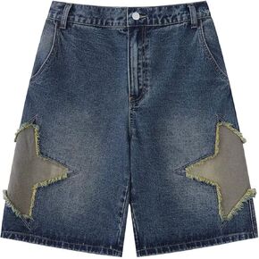Vamtac Mens Star Patchwork Denim Shorts Mid Rise Casual Loose Summer Streetwear Unisex Jeans Jorts