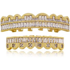 Diamond Grillz Teeth for Men Women 18K Gold Silver Plated 8 Top Teeth & 8 Bottom Tooth