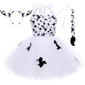 Girls Cow Cosplay Tutu Dress Set with Ears Headband & Tail - Animal Fancy Costume Kit - White - 7-8 Years