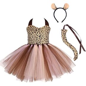 IWEMEK Girls Jungle Themed Cosplay Dress Animal Cosplay Tutu Dress Halloween Christmas Birthday Party Outfit 3pcs with Ears Headband Tail Accessories Baby Girl Fancy Dress Up Brown Leopard 7-8 Years
