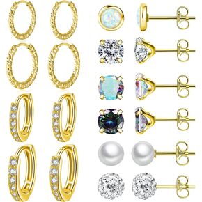 10 Pairs Stainless Steel Stud Earrings Colorful CZ Stud Earrings 20G Stud Earings 10mm 12mm Hoop Earrings Cartilage Earrings For Women Men