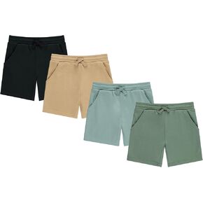 STITCH & STONE Boys’ 4-Pack French Terry Shorts – Soft & Breathable Cotton Lounge Shorts with Elastic Waist & Drawstring