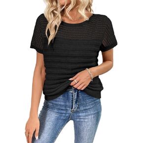 SHEWIN Womens Sweaters Crew Neck Short Sleeve Shirts Summer Tops Knit Hollow Out T Shirts Sweater Blouses