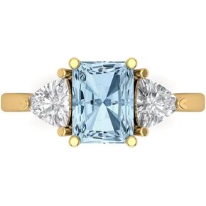 2.82ct Emerald Cut Natural Aquamarine 18K Yellow Gold Three-Stone Wedding Engagement Bridal Promise Ring