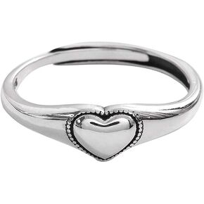 Vintage Heart S925 Sterling Silver Ring for Women Dainty Engagement Promise Love Expandable Open Finger Statement Stacking Rings Adjustable Fashion Gift Valentine's Anniversary(Polished)