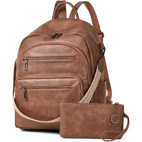 Backpack Purse for Women Fashion Womens Backpack Shoulder Bag Leather Travel Back Pack Daypack Handbag Ladies Daily, 2pcs Sets-Brown