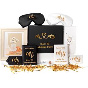 Mr and Mrs Honeymoon Travel Gift Set, Includes Embroidered Passport Covers, Luggage Tags, Eye Masks, Honeymoon Sand Keepsake Jar, Picture Frame, Honeymoon Funds Envelope (Classic)