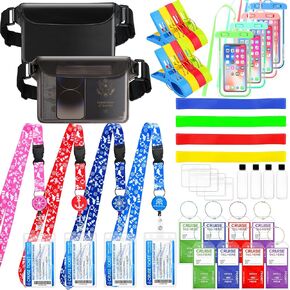 55 PCS Cruise Essentials مجموعة حبل كروز مع حاملي بطاقات السفينة ، وحزمة فاني مقاومة للماء ، وحامل علامات الأمتعة في الرحلات البحرية ، وزجاجات السفر ، حقيبة هاتف مقاومة للماء ، نطاقات المناشف ومقاطع الرحلات البحرية