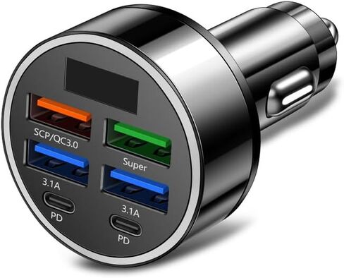 5 Port Fast Car Charger RDRKR USB C Cigarette Lighter Adapter with LED Digital Display/Voltage Monitor 5 In 1 with 4 USB Ports andType C: 2*3.1A, QC3.0 Pd and Super, Compatible iOS and Android Devices in Kuwait