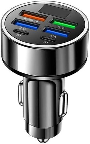 5 Port Fast Car Charger RDRKR USB C Cigarette Lighter Adapter with LED Digital Display/Voltage Monitor 5 In 1 with 4 USB Ports andType C: 2*3.1A, QC3.0 Pd and Super, Compatible iOS and Android Devices in Kuwait