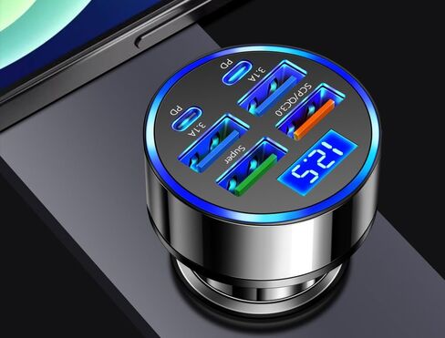 5 Port Fast Car Charger RDRKR USB C Cigarette Lighter Adapter with LED Digital Display/Voltage Monitor 5 In 1 with 4 USB Ports andType C: 2*3.1A, QC3.0 Pd and Super, Compatible iOS and Android Devices in Kuwait