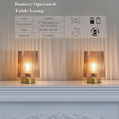 Battery Operated Lamp with Timer, Table Lamps for Bedroom, Cordless Battery Powered Lamp with LED Bulb, Decorative Beside Lamp for Living Room Bathroom Shelf Amber2Pack in Kuwait