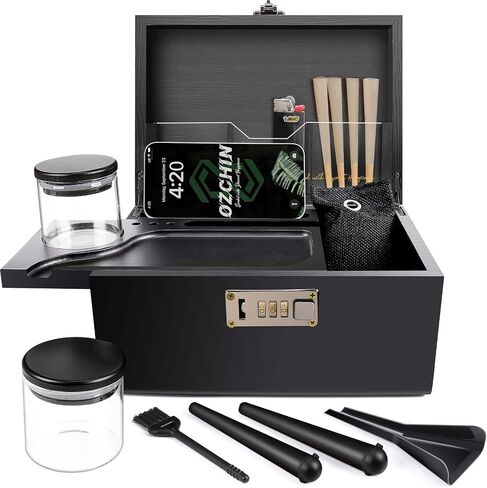 Ozchin Bamboo رائحة الرائحة الإثبات صندوق قفل الحاوية ، صندوق تخزين خشبي كبير مع جرة زجاجية ، هدايا عيد الميلاد للرجال النساء ، ديكور المنزل والتدخين. in Kuwait