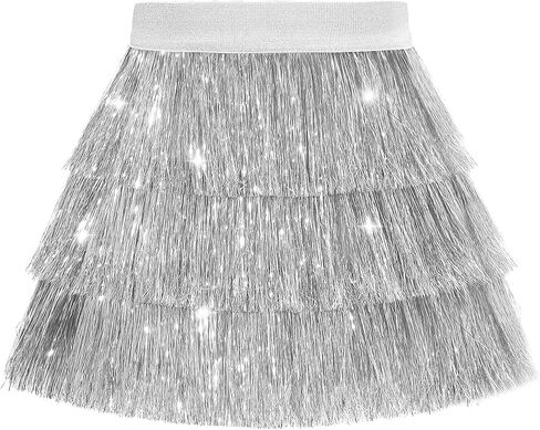 NOOMELFISH Girls Tinsel Fringe Skirt Sparkly Tassel Metallic Party Skirt (5-12 years) in Kuwait