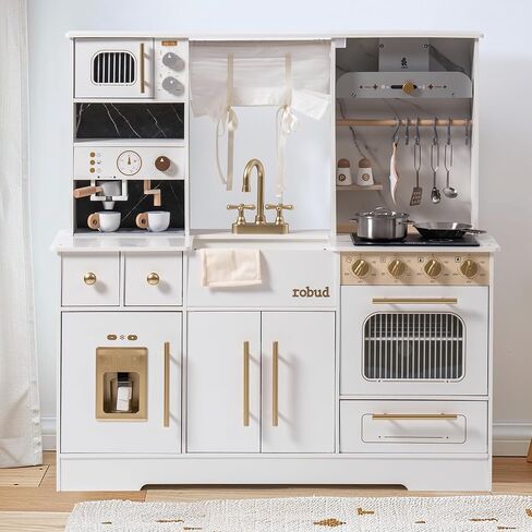 ROBUD Wooden Play Kitchen Set for Kids, Pretend Toy Kitchen with Ice Maker, Coffee Machine, Oven, Microwave, Cabinet, Utensils, Ideal Gift for Boys and Girls Ages 3+, White in Kuwait