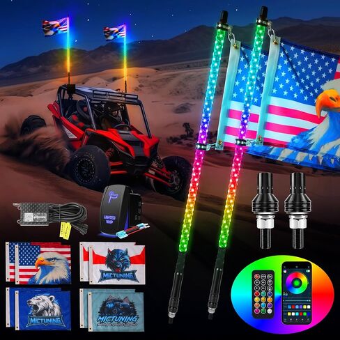 MICTUNING 2pc 3ft Spiral LED Whip Lights with 8 Flags, RF Remote and App Control, RGB Chasing Lighted with Rocker Switch, Music Synced Whips Lights Kit for UTV ATV Polaris RZR Can-Am in Kuwait