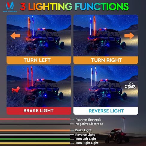 MICTUNING 2pc 3ft Spiral LED Whip Lights with 8 Flags, RF Remote and App Control, RGB Chasing Lighted with Rocker Switch, Music Synced Whips Lights Kit for UTV ATV Polaris RZR Can-Am in Kuwait