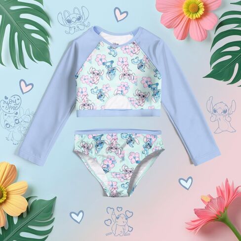 Disney Lilo & Stitch Girls 2-Piece Swimsuit Set, Long-Sleeved Rash Guard and Bikini Bottoms, Quick-Drying Swimwear for Kids in Saudi Arabia