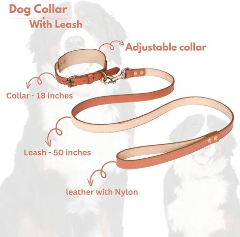 Dog Leash and Dog Collar Set with Metal Buckle, Heavy Duty Dog Collar Leash Combo Set Leather and Nylon, Adjustable and Durable Collar - 18 Inch Collar, 50 Inch Leash - Coffee Brown in Kuwait