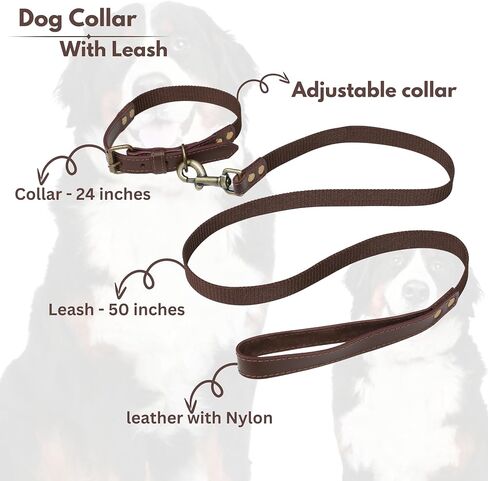 Dog Leash and Dog Collar Set with Metal Buckle, Heavy Duty Dog Collar Leash Combo Set Leather and Nylon, Adjustable and Durable Collar - 18 Inch Collar, 50 Inch Leash - Coffee Brown in Kuwait