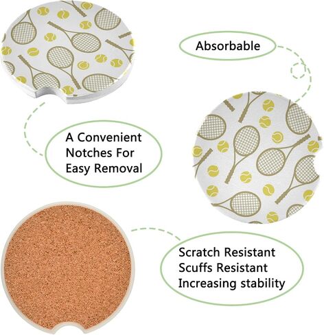 Car Coaster 2 Pack Tennis Ball Pattern Car Talection للمشروبات امتصاص كأس السيراميك Coaster للرجال لإزالة النساء اللطيفات إكسسوارات السيارة 2.56in in Kuwait
