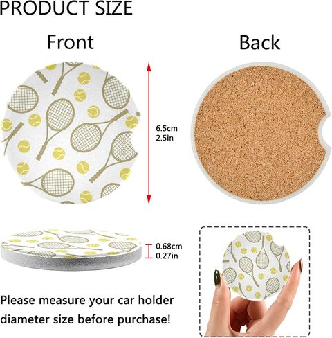 Car Coaster 2 Pack Tennis Ball Pattern Car Talection للمشروبات امتصاص كأس السيراميك Coaster للرجال لإزالة النساء اللطيفات إكسسوارات السيارة 2.56in in Kuwait