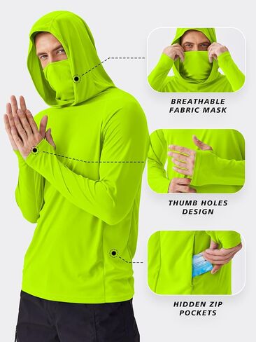 Pinspark Men's Sun Protection Hoodie مع قناع UPF 50+ UV Long Sleeve Shirt Men Rash Guard Performance قميص المشي لمسافات طويلة in Kuwait