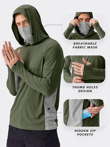 PINSPARK Men's Sun Protection Hoodie with Mask UPF 50+ UV Long Sleeve Shirt Men Rash Guard Performance Fishing Hiking Shirt in Kuwait