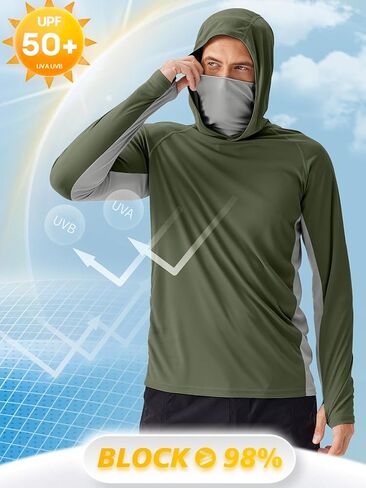 PINSPARK Men's Sun Protection Hoodie with Mask UPF 50+ UV Long Sleeve Shirt Men Rash Guard Performance Fishing Hiking Shirt in Kuwait