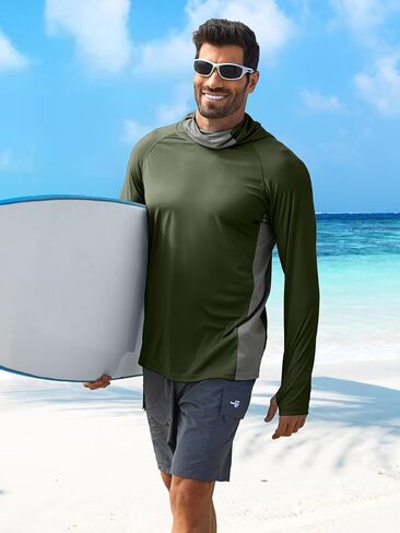 PINSPARK Men's Sun Protection Hoodie with Mask UPF 50+ UV Long Sleeve Shirt Men Rash Guard Performance Fishing Hiking Shirt in Kuwait