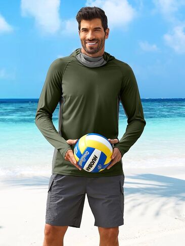 PINSPARK Men's Sun Protection Hoodie with Mask UPF 50+ UV Long Sleeve Shirt Men Rash Guard Performance Fishing Hiking Shirt in Kuwait