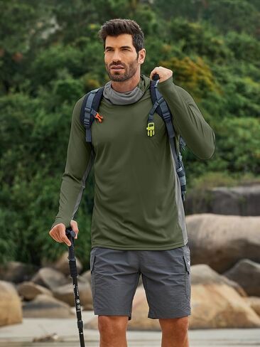 PINSPARK Men's Sun Protection Hoodie with Mask UPF 50+ UV Long Sleeve Shirt Men Rash Guard Performance Fishing Hiking Shirt in Kuwait
