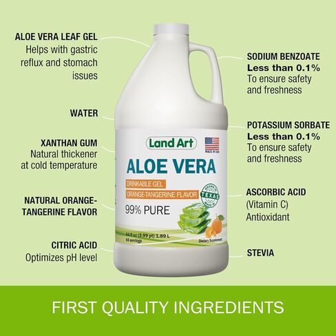 Land Art Pure Aloe Vera Drinkable Gel Unflavored - Cold-Processed Inner Filet - from Organic Fresh Leaves from Texas - for Heartburn Relief - Acid Reflux - 64 fl oz in Saudi Arabia