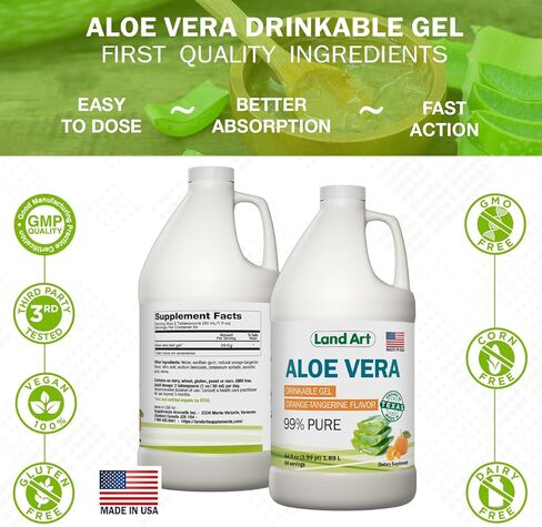Land Art Pure Aloe Vera Drinkable Gel Unflavored - Cold-Processed Inner Filet - from Organic Fresh Leaves from Texas - for Heartburn Relief - Acid Reflux - 64 fl oz in Saudi Arabia