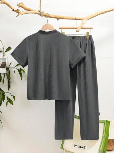 GORGLITTER Boy's 2 Piece Clothing Sets Button Down Collar Neck Shirt and Elastic Waist Pants Set in Kuwait