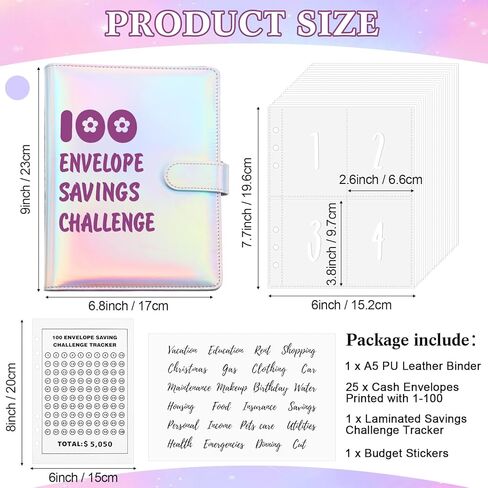 100 Envelope Savings Challenge Kit Challenge Binder A5 Money Saving Book Budget Binder with Cash Envelopes Budget Planner to Save 5, 050, 100 Day Cash Stuffing Budgeting(Purple) in Kuwait