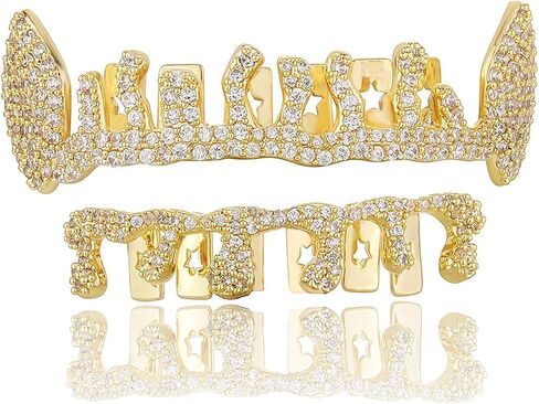 Personality Hip hop Street Dress Up Grillz big gold braces 18K gold-plated Grillz fashionable zircon sparkling flame tree Halloween Christmas party outfit personality suitable for men and women in Saudi Arabia