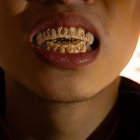 Personality Hip hop Street Dress Up Grillz big gold braces 18K gold-plated Grillz fashionable zircon sparkling flame tree Halloween Christmas party outfit personality suitable for men and women in Saudi Arabia