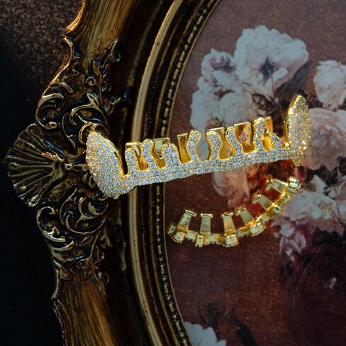 Personality Hip hop Street Dress Up Grillz big gold braces 18K gold-plated Grillz fashionable zircon sparkling flame tree Halloween Christmas party outfit personality suitable for men and women in Saudi Arabia