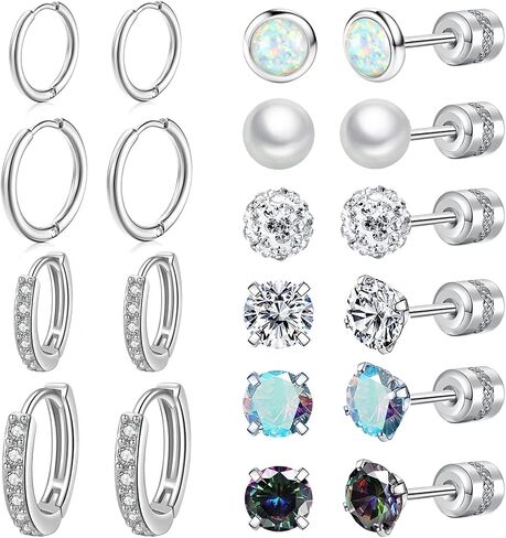 10 Pairs Stainless Steel Stud Earrings Colorful CZ Stud Earrings 20G Stud Earings 10mm 12mm Hoop Earrings Cartilage Earrings For Women Men in Kuwait