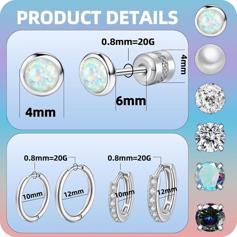 10 Pairs Stainless Steel Stud Earrings Colorful CZ Stud Earrings 20G Stud Earings 10mm 12mm Hoop Earrings Cartilage Earrings For Women Men in Kuwait