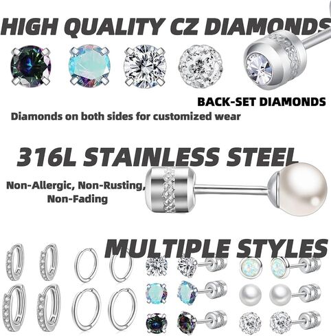 10 Pairs Stainless Steel Stud Earrings Colorful CZ Stud Earrings 20G Stud Earings 10mm 12mm Hoop Earrings Cartilage Earrings For Women Men in Kuwait